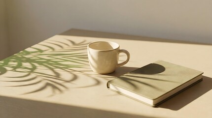 Top view of a beige workspace featuring a closed book, coffee mug, and palm leaf shadows in golden hour light.