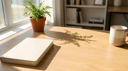 Minimalist wooden desk with notebook, potted plant, and coffee cup under warm morning sunlight with soft leaf shadows.