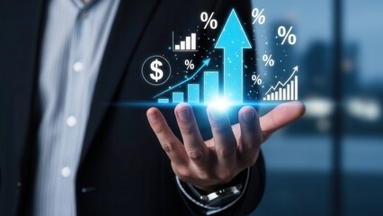 Closeup Businessman Hand hand holding virtual glowing arrow up icon, representing business growth, financial performance, investment success and positive economic trend with percentage symbols