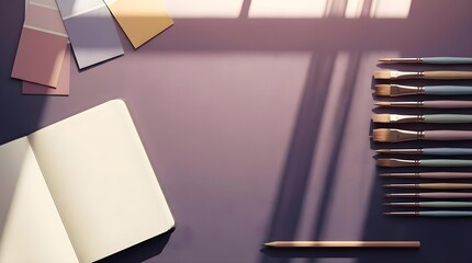 High angle view of an open notebook, color palette cards, and rows of paintbrushes on a purple background with leaf shadows.