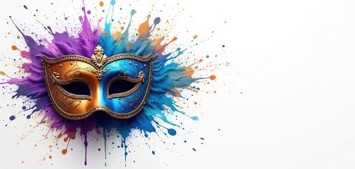 Ornate Venetian mask explodes with bright colorful paint splashes. This festive masquerade symbol represents celebration mystery and fantasy arts. Ideal for party invites and event banners.