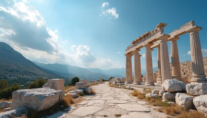 Ancient Greek temple ruins with stone pathway leading to mountains under blue sky with clouds. Old marble columns stand near worn stone walls and weathered rocks on sunny day.