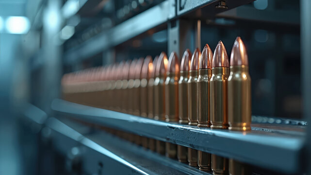 Many rifle bullets move on factory conveyor belt. Metal cartridges for automatic weapons are in production line. Ammunition for firearm is manufactured in industrial facility.