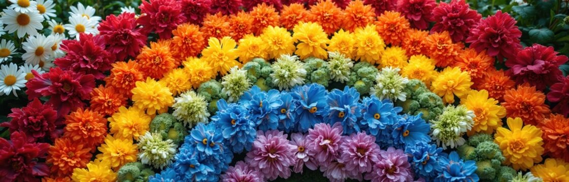 Various flower types form a vibrant rainbow. Red, orange, yellow, green, blue, and purple blooms create natural spectrum. White daisies flank colorful arrangement in garden setting. - Powered by Adobe