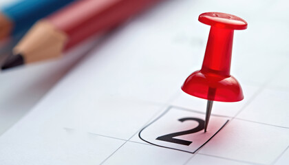Red pin marks second day on calendar. Pencils in red and blue are placed on blank pages. Close-up shot shows planning and appointment reminder.