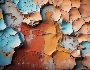 cracked plaster close up of damaged wall surface with exposed weathered layers revealing textures colors and the effects of age and deterioration