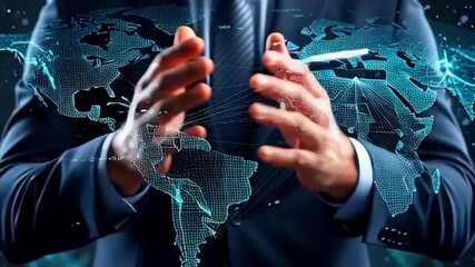 A businessman in a suit interacting with a digital world map in a video. - Powered by Adobe