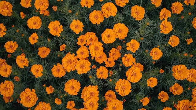 aerial footage of marigold flower field, india marigold flower, video