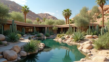 Desert home features natural landscape with pool. Arid terrain includes palm trees cacti. Cacti and agave plants surround tranquil water feature. Mountain backdrop completes desert oasis scene.