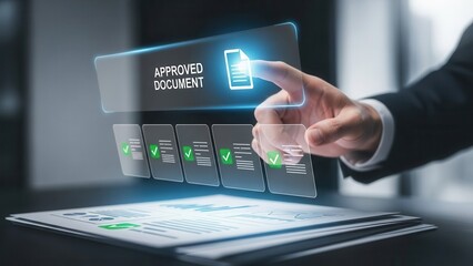 Closeup Businessman Hand touching approved document icon on digital documents for approve business project proposals. Quality assurance and online evaluation of business concept