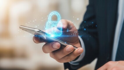 Closeup Businessman Hand using mobile phone with virtual padlock icon, representing data protection, password security, and cybersecurity technology for safe digital communication and online privacy