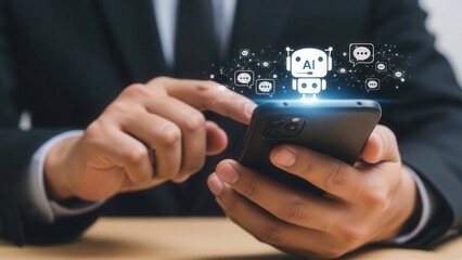 Closeup Businessman Hand using mobile phone with virtual chatbot icon. AI technology, virtual assistant, customer service automation and digital communication innovation concept