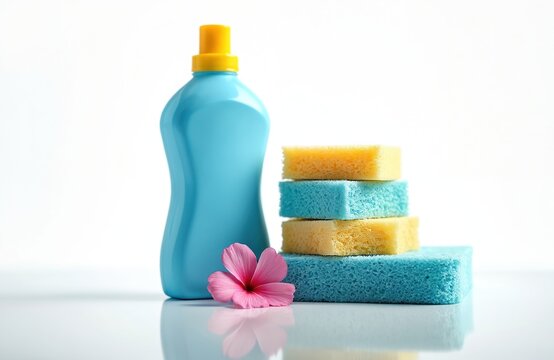 Blue bottle of dish soap and stack of colorful sponges are ready for kitchen cleaning tasks. Pink flower adds decorative touch to cleaning supplies against white background. Home hygiene concept.