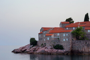 Evening view to Sveti Stefan island, Budva, Montenegro
