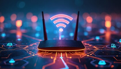 Futuristic wifi router glows with neon light on digital circuit board background. Wireless network signal emanates from antennas connecting devices across cyberspace.