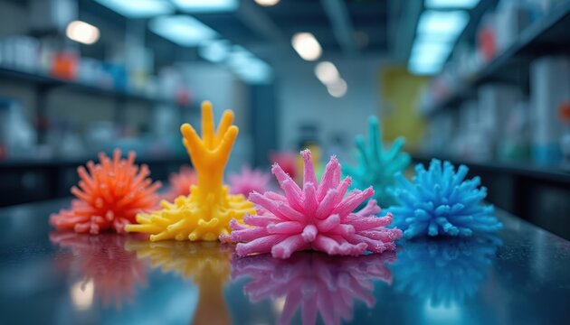 Colorful 3d printed models arranged in lab setting. Abstract shapes resemble cells biological structures, appearing like scientific research aids. Sit on reflective surface, suggesting innovation, - Powered by Adobe