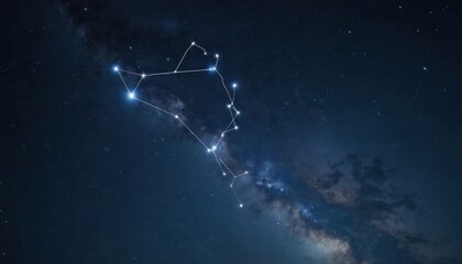 Leo constellation glowing bright in deep night sky filled with stars and milky way. Celestial patterns connect luminous points creating cosmic shapes against dark blue expanse.