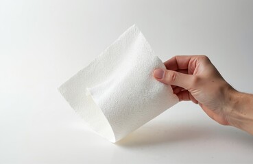 Hand holds white textured paper towel for thickness comparison against clean white backdrop. Soft absorbent material for kitchen or bath use. Versatile wipe for home cleaning tasks.