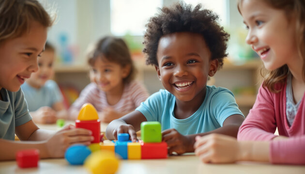 Diverse kids build with colorful blocks in a classroom. Children play together learning shapes and colors. Happy toddlers engage in educational activity developing fine motor skills.
