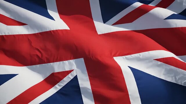 United kingdom union jack flag waving dynamically in slow motion against a bright background symbolizing british pride and national identity.
