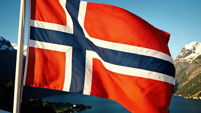 Norwegian flag waving in wind against backdrop of majestic fjords and snow capped mountains during sunny day scenic landscape