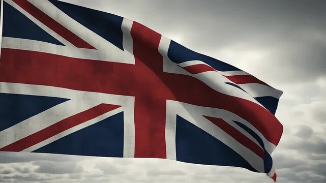 Union Jack flag of United Kingdom waving powerfully in strong wind with dramatic overcast sky cinematic slow motion video clip