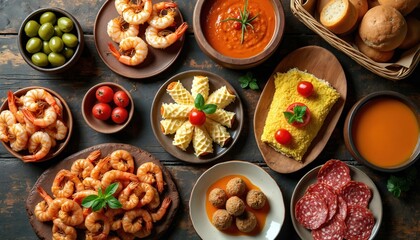 Assorted small Spanish tapas like shrimp, meatballs, and olives arranged on a rustic wooden table. Delicious appetizer selection includes soup bread and cured meats perfect for sharing.