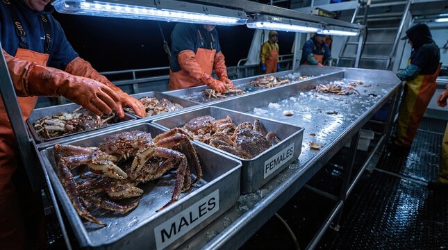 Fisherman sorting freshly caught crab on an industrial fishing boat. Seafood processing line with male and female crabs separated in metal trays for market.