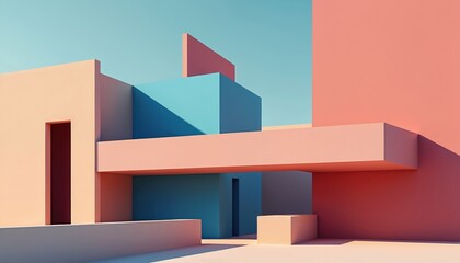 Abstract geometric shapes form minimalist structure. Clean lines and simple forms in soft pastel colors create modern architectural concept. This design balances shapes and shadows for visual appeal.