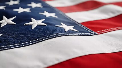 Closeup cinematic motion of american flag waving gently with embroidered stars and red white stripes background motion footage - Powered by Adobe