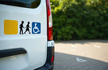 Fototapeta premium White van with decals for children and disabled persons transport. Special parking space visible. Accessible vehicle for mobility challenged individuals. Safe travel for kids.