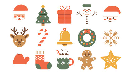 Fototapeta premium Christmas Icon Set Santa Snowman Reindeer Gift Tree Winter Holiday Cute Vector Illustration