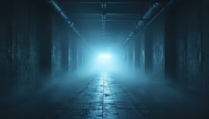 Empty concrete hallway with pipes overhead fades into bright light. Fog fills the corridor with blue atmospheric haze. The floor tiles reflect dim illumination from end of path.