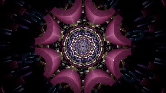Abstract kaleidoscope mandala with circular symmetry and deep contrast, a meditative visual pattern for relaxing backgrounds, psychedelic art mood, stage visuals, LED walls, projection mapping and VJ 