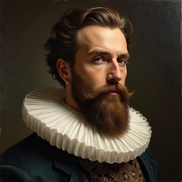 Man with beard and mustache wears white ruff collar. He has a serious expression and wears historical clothing with gold accents. This portrait resembles oil painting art.