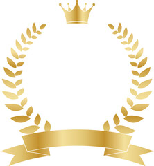 Golden laurel wreath frame with crown and ribbon award emblem