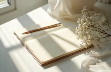 Blank open notebook with pencil rests on desk near soft fabric, delicate flowers. Sunlight streams through window creating shadows. Minimalist workspace composition, idea for journaling or planning.