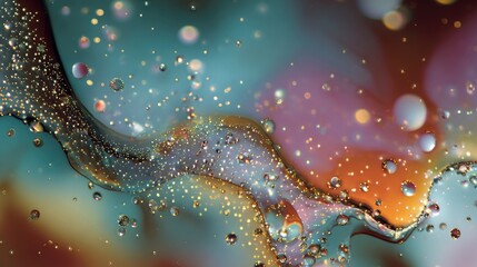 Macro photo of metallic liquid in a scientific context. Molecular glow emphasizes technological sophistication.