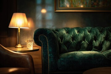 Green velvet sofa with a leather armchair in a warm corner. Subtle reflections highlight the luxurious yet inviting interior.