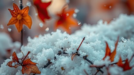 A frosty snowflakes on bush leaves and branches.