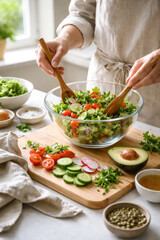 Making fresh vegetable salad in kitchen, healthy lifestyle and home cooking