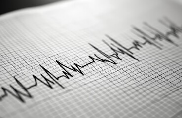 Electrocardiogram paper shows erratic heart rhythm line. Medical graph displays irregular pulse waveform. Heart test printout reveals abnormal cardiac activity possibly indicating disease.
