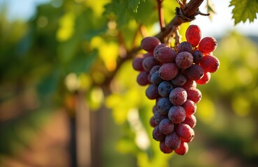 Fototapeta premium Red grapes hang on vine in sunlight. Close up shot shows ripe fruit ready for harvest. Blurred green leaves provide natural background for wine country.