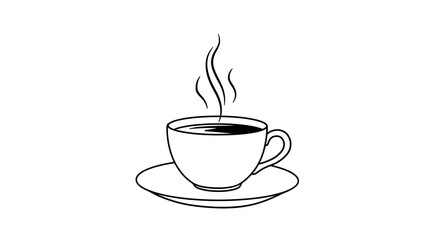 Minimalist black line art of a steaming coffee cup and saucer hot beverage