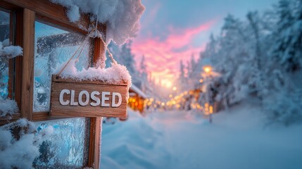 Close up of a wooden closed sign hanging on a shop door, surrounded by snow, with a beautiful sunset and soft lights illuminating the winter scene, creating a serene atmosphere