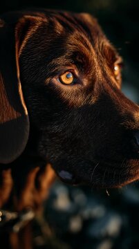Primer plano de un perro de raza Braco Alem&aacute;n, iluminado por la luz dorada del atardecer.
