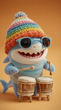 Un tierno tibur&oacute;n animado toca la bater&iacute;a con entusiasmo.