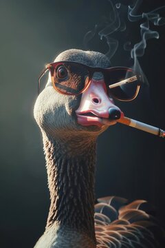 Un ganso con gafas de sol y un cigarrillo, exhalando humo.