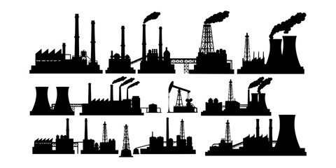 Obraz premium Black silhouette vector set of industrial factory buildings, oil rigs, and power plants, representing energy production and pollution concepts,
