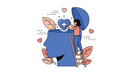 Illustration of a woman on a ladder repairing a heart on a large blue head with leaves and hearts around, in a graphic style.